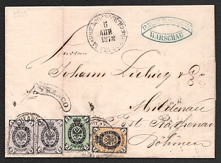 1872 (5 Apr) Russian Empire, Russia, Commercial Cover from Warsaw to Mildenau (Bohemia) via Szczakowa, franked with 1k, 3k, 2 x 5k, with blue oval commercial 'Moritz Blumenthal, Warsaw' handstamp, 'FRANCO' Postmark