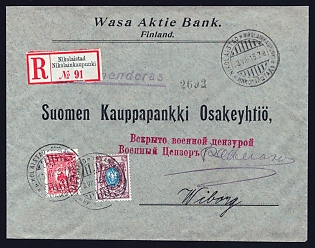 1915 (23 Jul) Registered cover from Nikolaistad (Grand Duchy of Finland, Russian Empire) to Wiborg (Grand Duchy of Finland, Russian Empire), franked with 10p and 40p (Grand Duchy of Finland, Russian Empire), tied by black circular Nikolaistad postmark