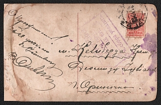 1913 (2 Dec) Kremenchug Zemstvo, Postcard from Kremenchug (Poltava province) to Koleberda (Kremenchug District), franked with 3k (Russian Empire), canceled by black circular 'КРЕМЕНЧУГЪ' December 2, 1913 imperial postmark, with violet rectangular official postmark of the Kremenchug Zemstvo post office, replacing postage due stamps 'КРЕМЕНЧУГСКАЯ / Земская почта / 28 ДЕК 1913 / 3 к. сбора уплатить' postage due mark. Arrived in Koleberda in December, 1913