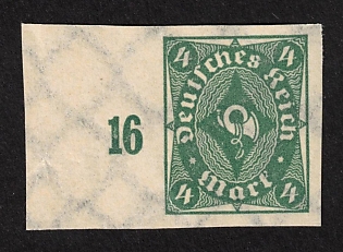 1922 4m Weimar Republic, Germany, Imperforate, Margin, Platenumber, Signed