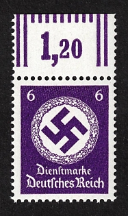 1942 6Pf, Third Reich, Official Stamp, Germany, Variation of Color, Upper Margin WOR, Signed