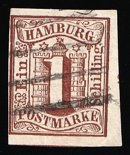 1859 1s Hamburg, German States, Germany, Linear Cancellations, Signed
