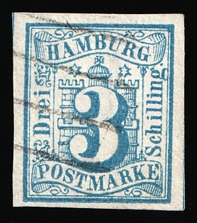 1859 3s Hamburg, German States, Germany, Linear Cancellations