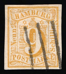 1859 9s Hamburg, German States, Germany, Linear Cancellations, Certificate