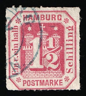 1866 1 1/2s Hamburg, German States, Germany, Blue Circular Datestamp, Signed