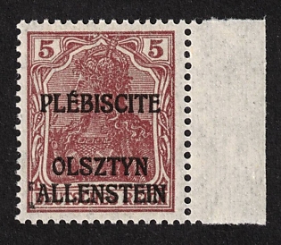 1920 5pf Not Issued, Joining of Olsztyn, Allenstein, Germany, Margin, Certificate
