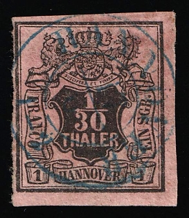 1851 1/30th Hanover, German States, Germany, Blue Circular Postmark