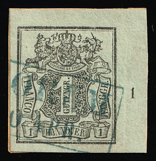 1851 1gr on piece Hanover, German States, Germany, Blue Rectangular Postmark, Margin, Plate Number '1', Signed
