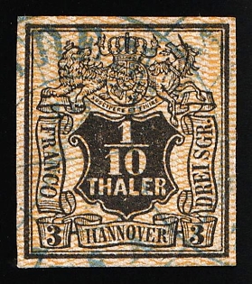 1855 1/10th Hanover, German States, Germany, Blue Circular Postmarks, Signed