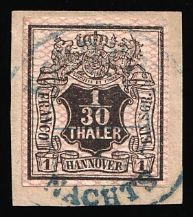 1856-57 1/30th on piece Hanover, German States, Germany, Blue Circular Postmark, Signed