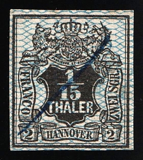 1856-57 1/15th Hanover, German States, Germany, Blue Pen Cancel