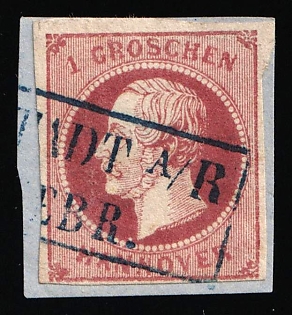 1859 1gr on piece Hanover, German States, Germany, Dark Blue Rectangular Postmark