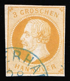 1859 3gr Hanover, German States, Germany, Blue Circular Datestamp, Signed