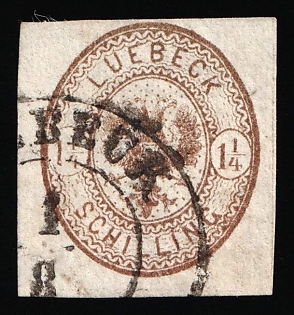 1864 1 1/4s Lubeck, German States, Germany, Circular Datestamp