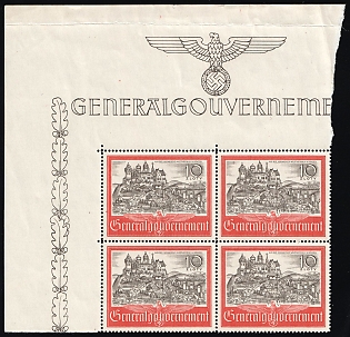 1941 10zl General Government, Germany, Poland, Corner Marginal Block of Four
