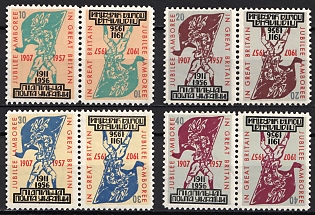 1957 Scout Jubilee Jamboree, Great Britian, Ukraine, Underground Post, Complete Set, Watermark, Tete-beche Pairs, Feduk #425-428