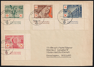 1943 (28 Jun) Belgian Walloon Legion, Germany, SS Military Mail Field Post Feldpost Cover to SS Captain from Security Service in Groningen (Netherlands) franked with complete set, Corner Margins, Sheet Inscriptions