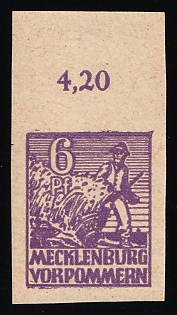 1945 6pf Mecklenburg-Vorpommern, Soviet Russian Zone of Occupation, Germany, Imperforate, Margin, Plate Number
