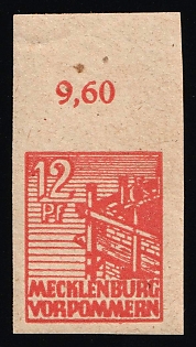 1945 12pf Mecklenburg-Vorpommern, Soviet Russian Zone of Occupation, Germany, Imperforate, Margin, Plate Number