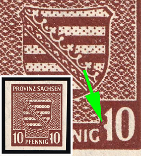 1945 10pf Province of Saxony, Soviet Russian Zone of Occupation, White fleck at '1' in right '10'