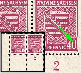 1945 40pf Province of Saxony, Soviet Russian Zone of Occupation, Corner Marginal Pair, Plate Numbers, Broken Frame