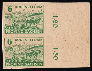 1945 6pf Province of Saxony, Soviet Russian Zone of Occupation, Marginal Pair, Plate Numbers, Partial Offset