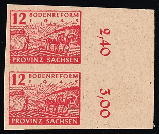 1945 12pf Province of Saxony, Soviet Russian Zone of Occupation, Marginal Pair, Plate Numbers, Partial Offset