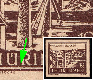 1946 10pf Thuringia, Soviet Russian Zone of Occupation, Germany, Borderline under 'ÜR' of 'THÜRINGEN' interrupted