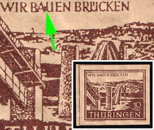 1946 10pf Thuringia, Soviet Russian Zone of Occupation, Germany, Dot between 'A' and 'U' in 'BAUEN'