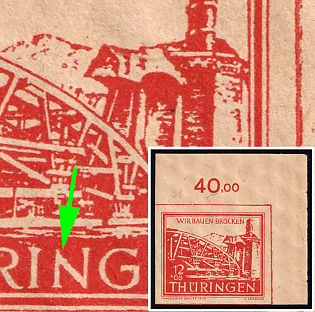 1946 12pf Thuringia, Soviet Russian Zone of Occupation, Germany, Corner Margin, Plate Number, First 'N' damaged above left in 'THÜRINGEN'