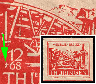 1946 12pf Thuringia, Soviet Russian Zone of Occupation, Germany, Hook below on plus sign