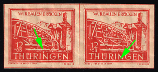 1946 12pf Thuringia, Soviet Russian Zone of Occupation, Germany, Pair, Large White dot over first 'N' in 'THÜRINGEN', Inner frame line interrupted under first 'N' in 'THÜRINGEN'