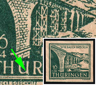 1946 16pf Thuringia, Soviet Russian Zone of Occupation, Germany, Mark on right below on 'Ü' in 'THÜRINGEN'