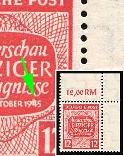 1945 12pf West Saxony, Soviet Russian Zone of Occupation, Corner Margin, Plate Number, '4' in '1945' blotted out