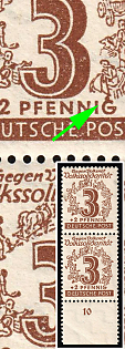 1946 3pf West Saxony, Soviet Russian Zone of Occupation, Marginal Pair, Plate Number, Accent over 'G' of 'PFENNIG'
