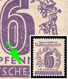 1946 6pf West Saxony, Soviet Russian Zone of Occupation, Second 'E' in 'DEUTSCHE' damaged