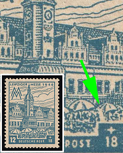 1946 12pf West Saxony, Soviet Russian Zone of Occupation, Broad descending Scratch on left on right market Umbrella