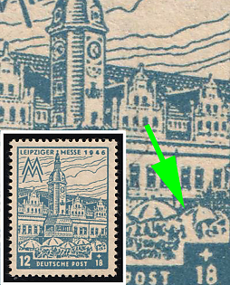 1946 12pf West Saxony, Soviet Russian Zone of Occupation, Broad descending Scratch on left on right market Umbrella