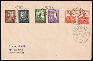 1946 (15 Mar) West Saxony, Soviet Russian Zone of Occupation, Philatelic FDC Cover from Dresden franked with complete set of 3pf - 12pf