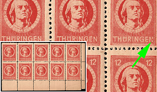 1945 12pf Thuringia, Soviet Russian Zone of Occupation, Germany, Corner Marginal Block 5 x 2, Red Dot in last 'N' of 'THÜRINGEN'