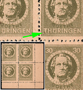 1945 30pf Thuringia, Soviet Russian Zone of Occupation, Germany, Corner Marginal Block of Four, Thick 'T' stroke in 'THÜRINGEN'