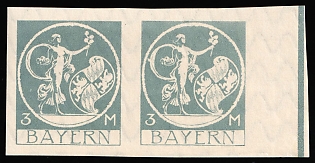 1920 3m Bavaria, German States, Germany, Marginal Imperforate Horizontal Pair, Control Strip