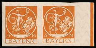 1920 5m Bavaria, German States, Germany, Marginal Imperforate Horizontal Pair, Control Strip
