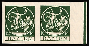 1920 10m Bavaria, German States, Germany, Marginal Imperforate Horizontal Pair, Control Strip