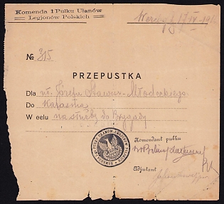 1916 Military Pass (Przepustka) issued in Volhynia to Ulan Józef Stawisz-Młodzianowski for Service Duty, signed by the Famous Cavalry Commander Władysław Belina-Prażmowski of the 1st Polish Legions Lancers Regiment