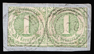 1865 1kr on piece Thurn and Taxis, German States, Germany, Horizontal Pair, Circular Cancellations