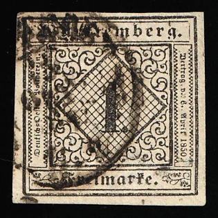 1851 1kr Wurttemberg, German States, Germany,  Circular Datestamp, Signed