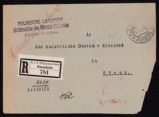 1916 (11 Jul) Polish Legion in Austro-Hungarian Army, Registered Field Post Cover from the Military Section of the Supreme Polish National Committee to the Imperial German District Office in Płock, Austrian K.u.K. (Royal and Imperial) Field Post Postmark Piotrkow