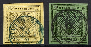 1851 3kr, 6kr Wurttemberg, German States, Germany,  Circular Datestamps