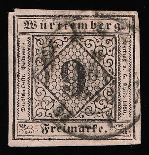 1851 9kr Wurttemberg, German States, Germany,  Circular Datestamp